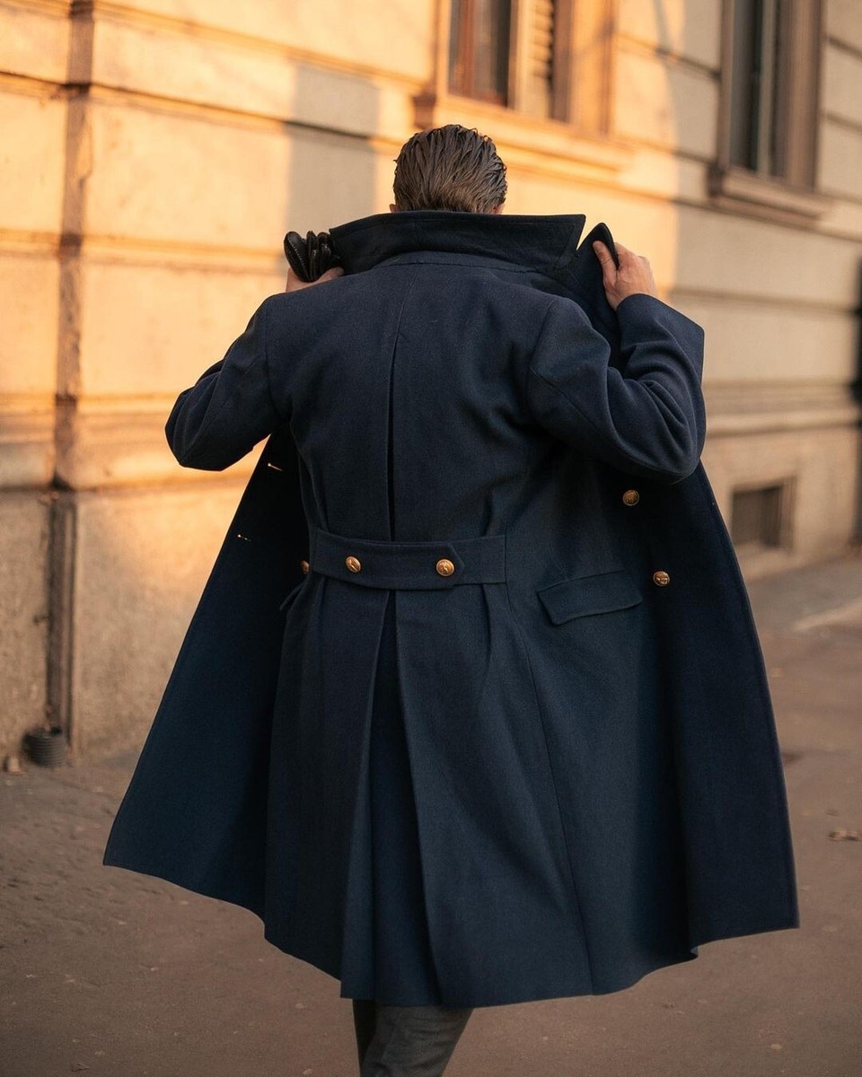 Men's Navy Blue Classic Double Breasted Long Coat Winter Heavy
