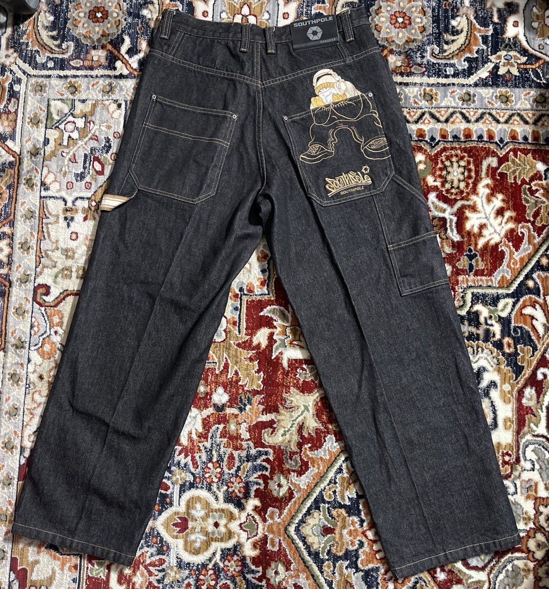 VTG Y2K Baggy Southpole B Boy Black Jeans Wide Embroidered Skater