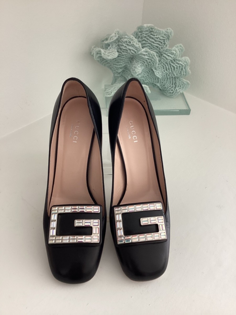 Gucci Crystal G Pumps EU 37 US 7 Black Leather Block Mid Heel GG
