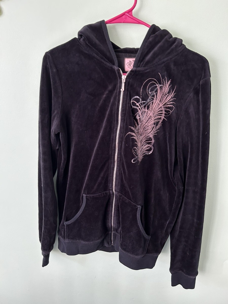 Juicy Couture Black Velour Full Zip Hoodie Front Back Print Plus