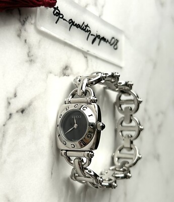 GUCCI 6400L Silver Plated Quartz Black Dial Women Watch Fast