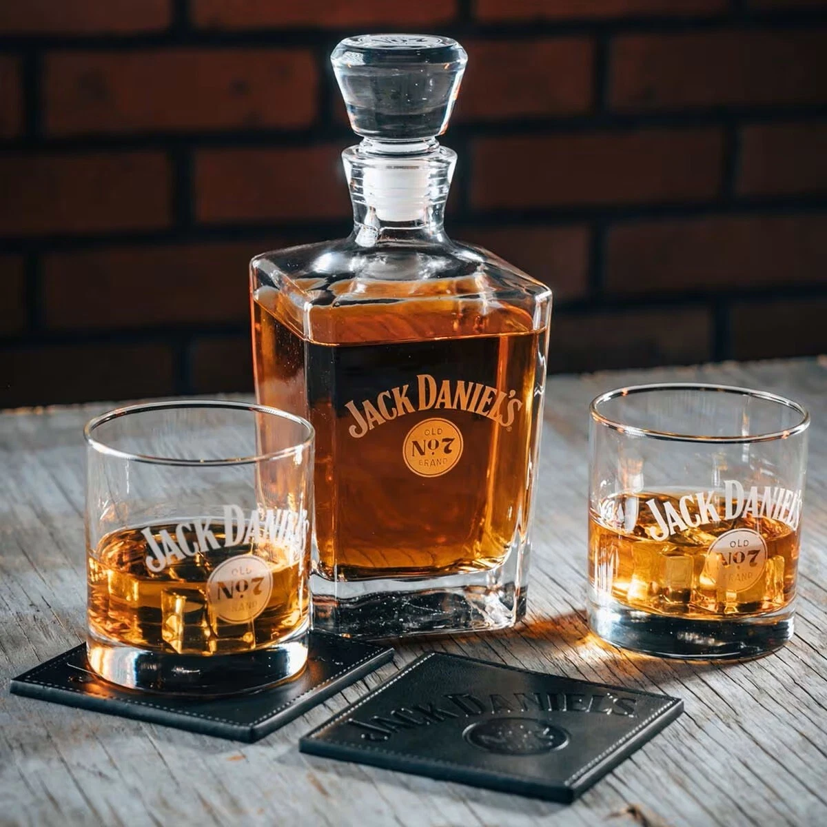 Jack Daniels Old No. 7 Decanter Set - 2 Rocks Glasses Coaster