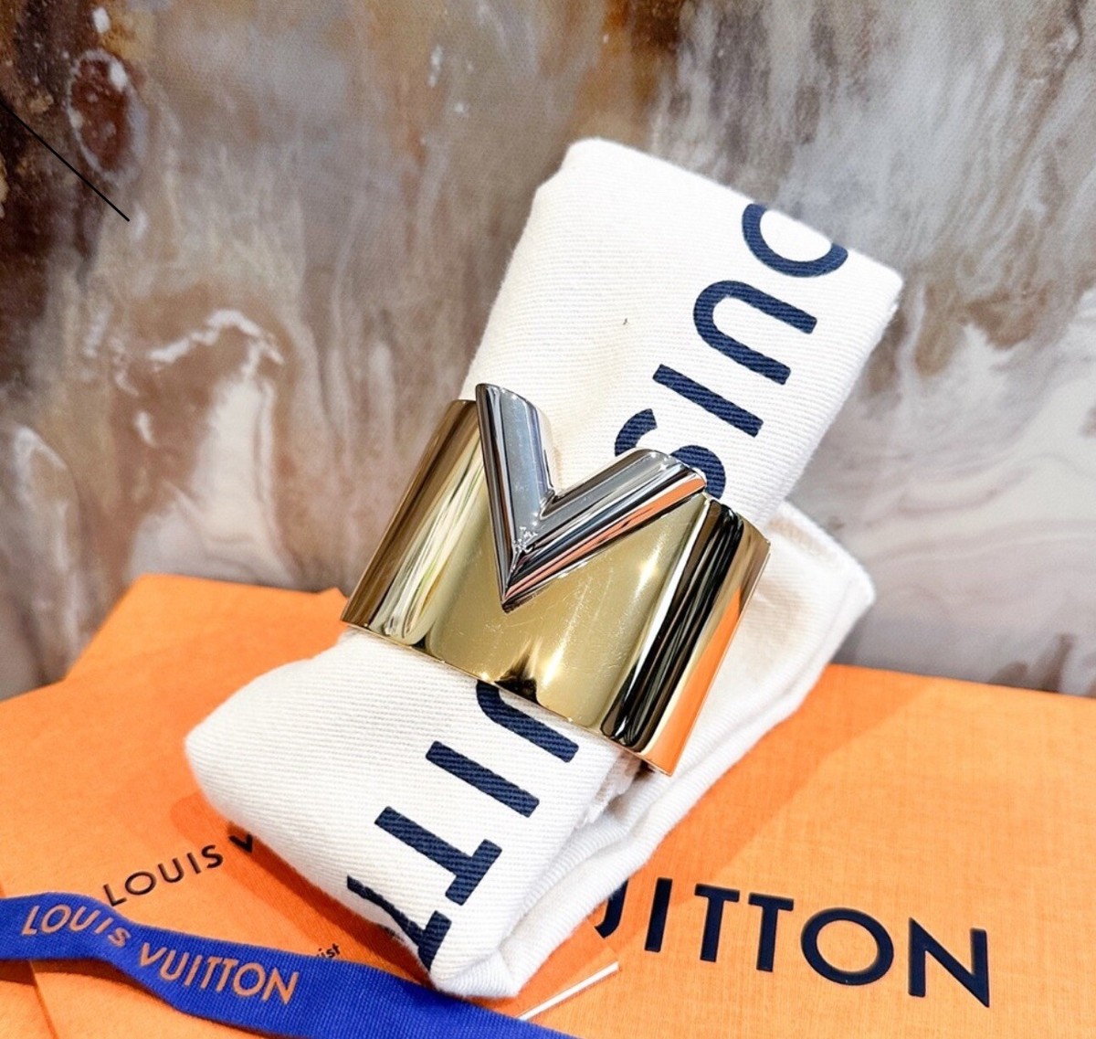 Louis Vuitton Essential V Two Tone Gold Silver Logo Cuff Bracelet