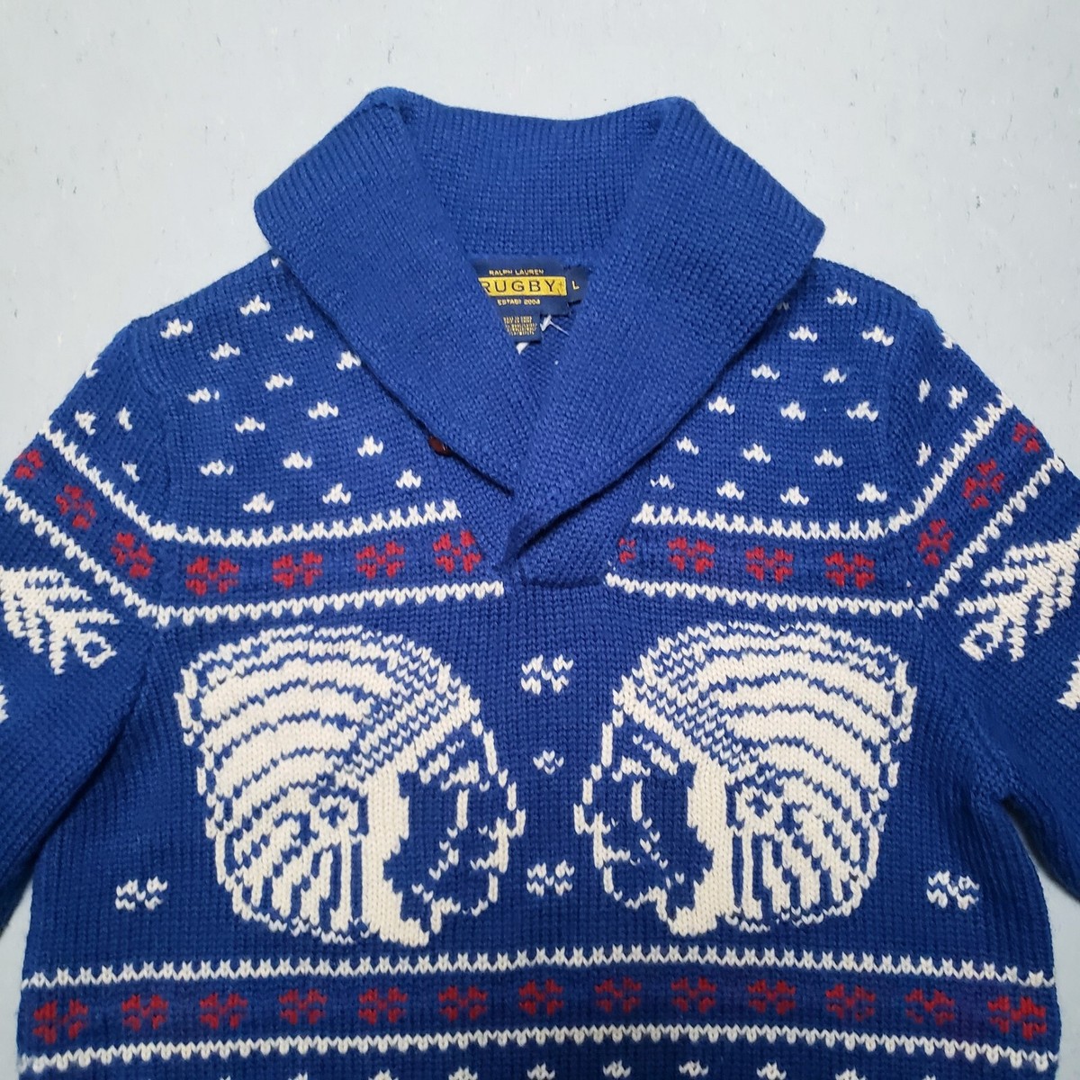 RUGBY Ralph Lauren Mens 100% Wool Indian Chief Shawl Collar