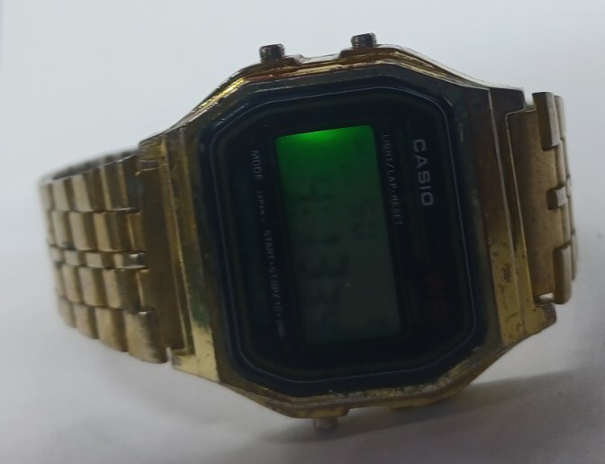 Men Casio Watch 593 A159w Gold Case Steel Bracelet Alarm