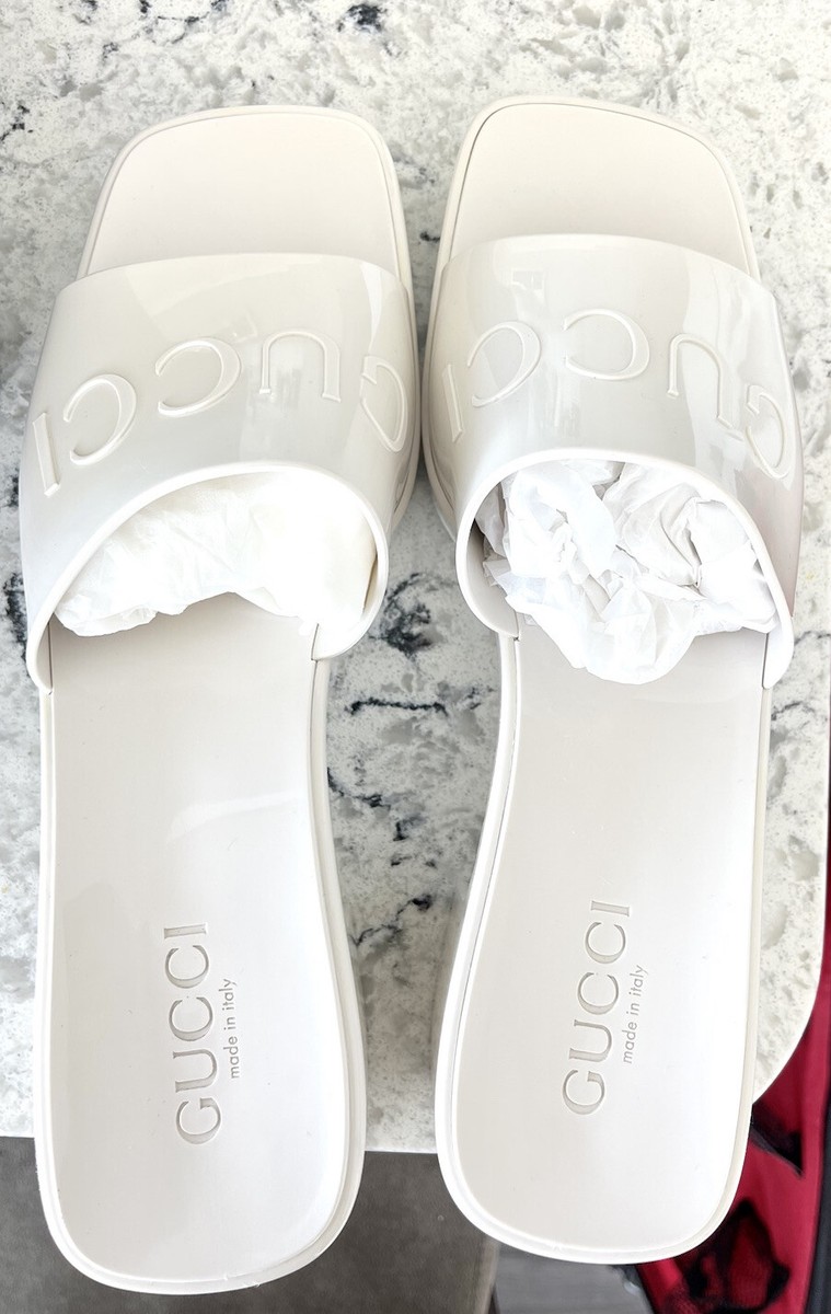 Gucci Womens Block Heel Platform Logo Rubber Slide Sandals Cream