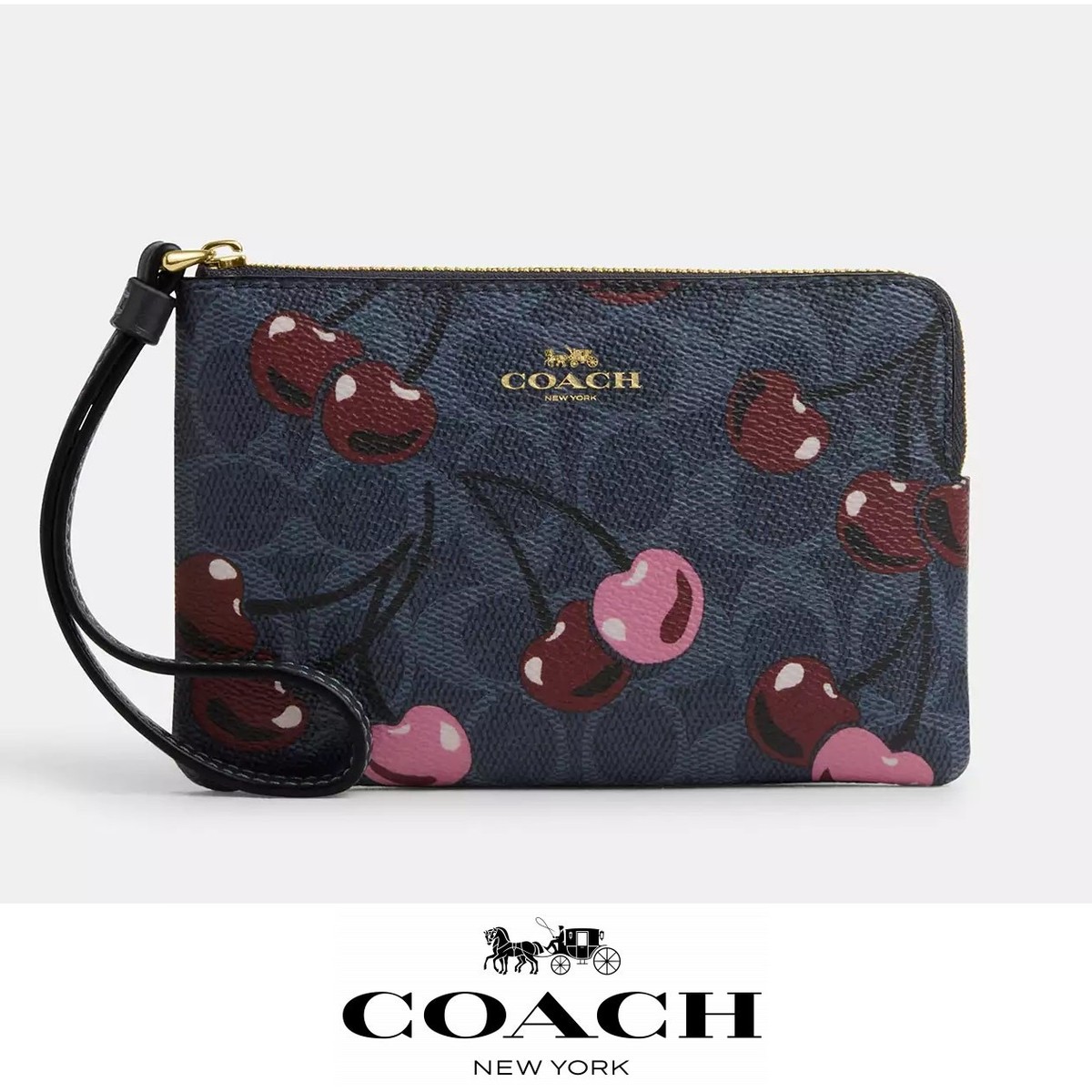 NWT ❤️ Coach Corner Zip Wristlet In Signature Canvas With Cherry