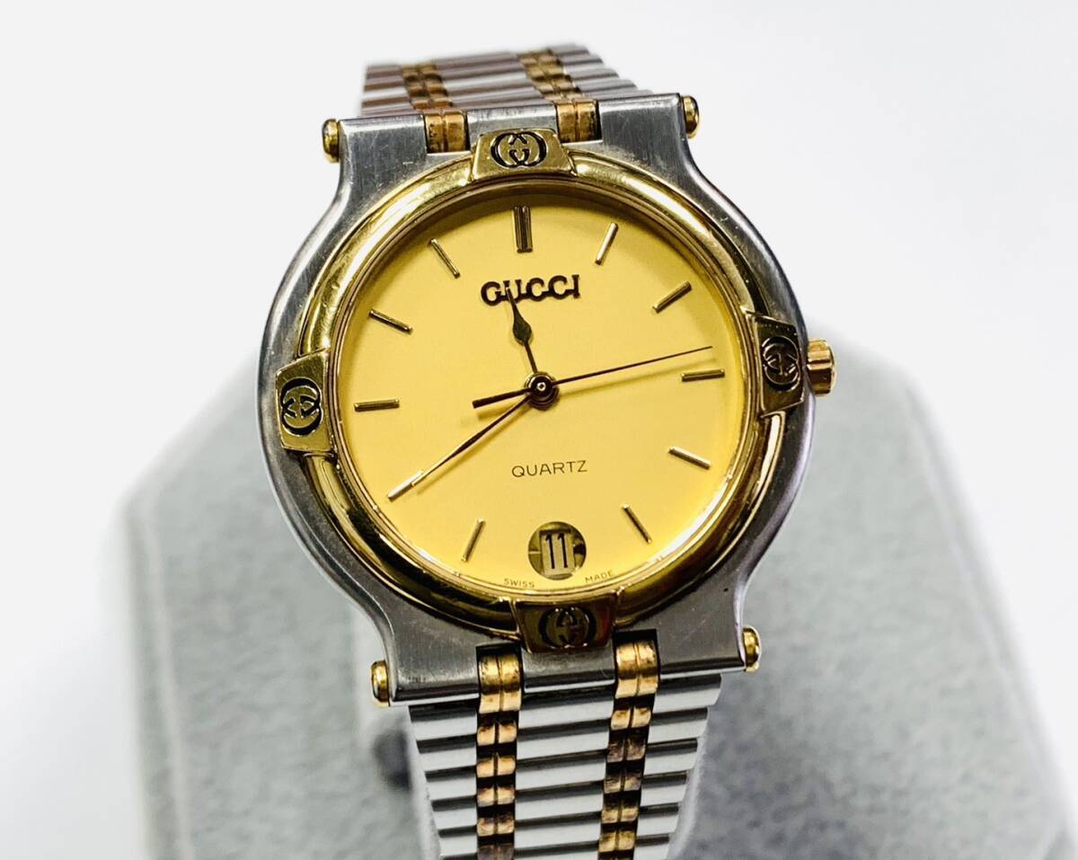 GUCCI 9000M Men's Quartz Watch Date Gold Dial Japan Working Near