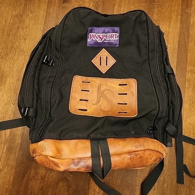VTG 90s Jansport Canvas Backpack Black Leather Bottom Day Pack