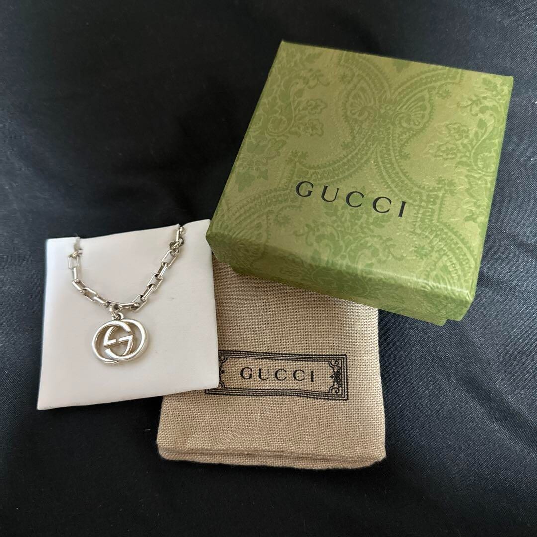 GUCCI Interlocking GG Logo Necklace Pendant Men Women Silver 925