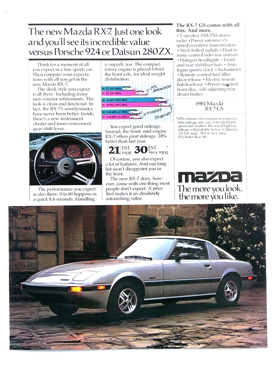 1981 Mazda RX 7 GS Vintage Just One Look Original Print Ad 8.5 x