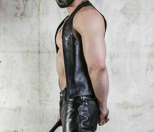 Men's Black Genuine Leather Open Gay Vest Fetish Bondage | eBay