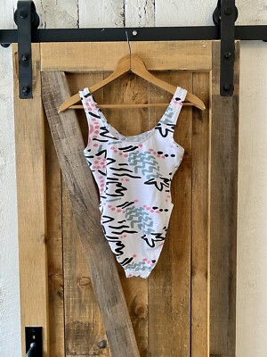 Vintage 80s White & Pink Cotton New Wave Abstract Bodysuit Didi