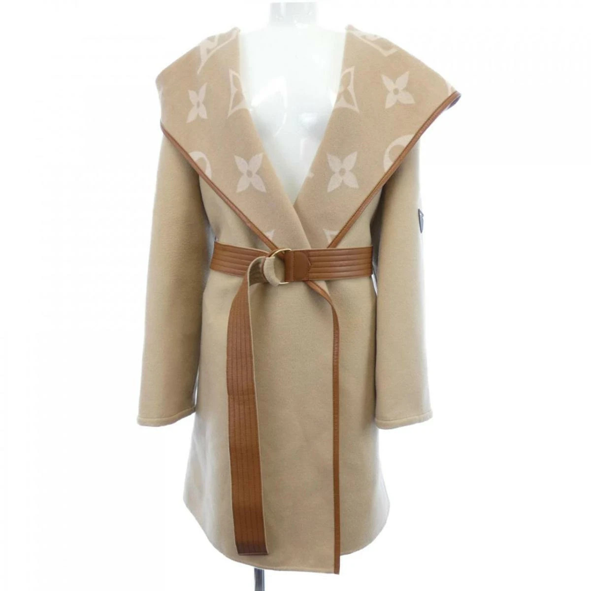 LOUIS VUITTON Hooded Wrap Coat Beige Italy Size:38 Women Wool