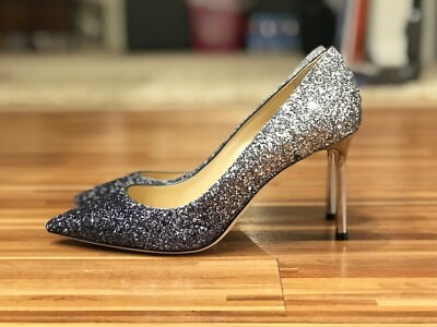 Brand New Jimmy Choo Romy Pump 85mm glitter silver navy pointy