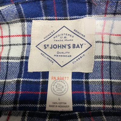 St Johns Bay Mens Shirt sz L Blue White Plaid Lightweight Flannel