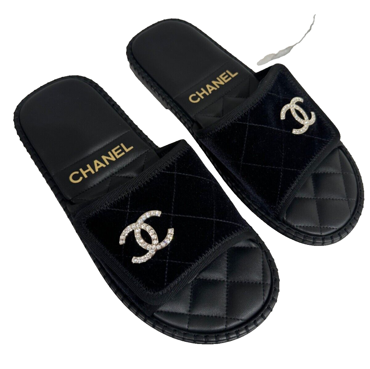 Chanel 23M Black Velvet Crystal CC Logo Hotel Mule Slide Slip On