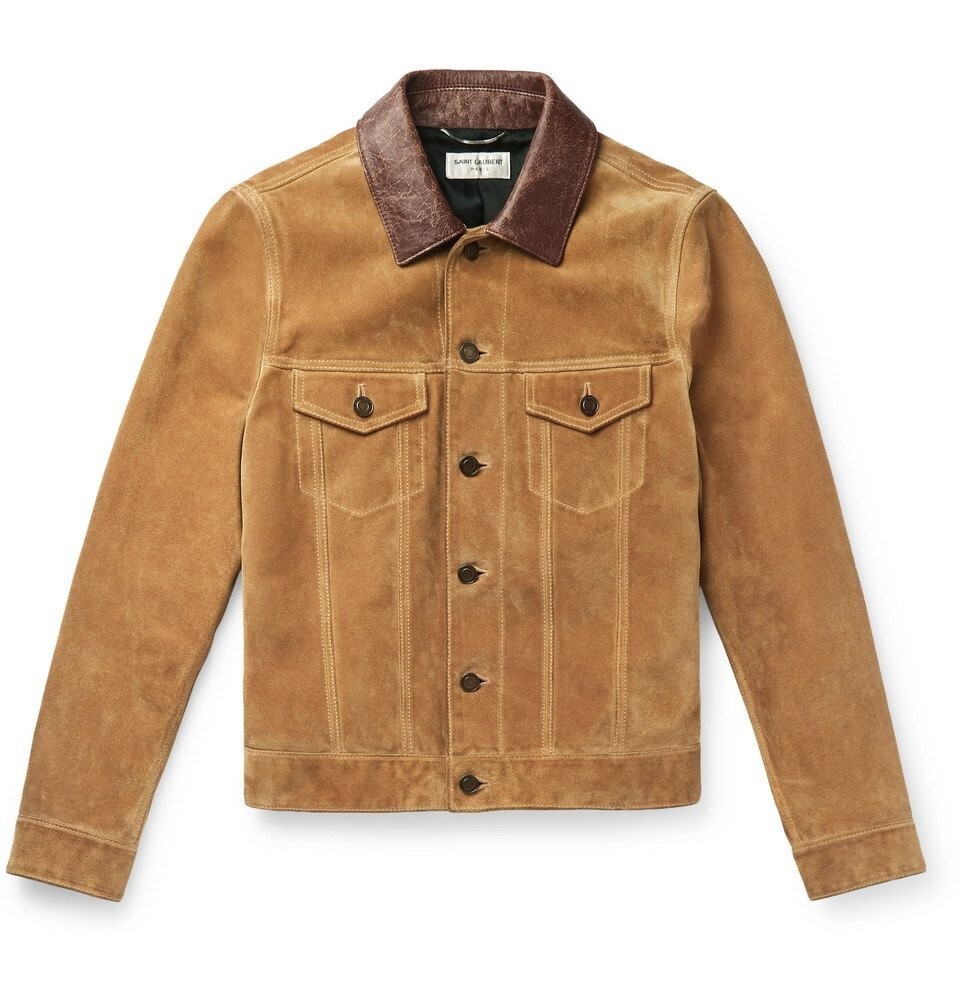 Saint Laurent Paris suede trucker jacket camel leather trimmed
