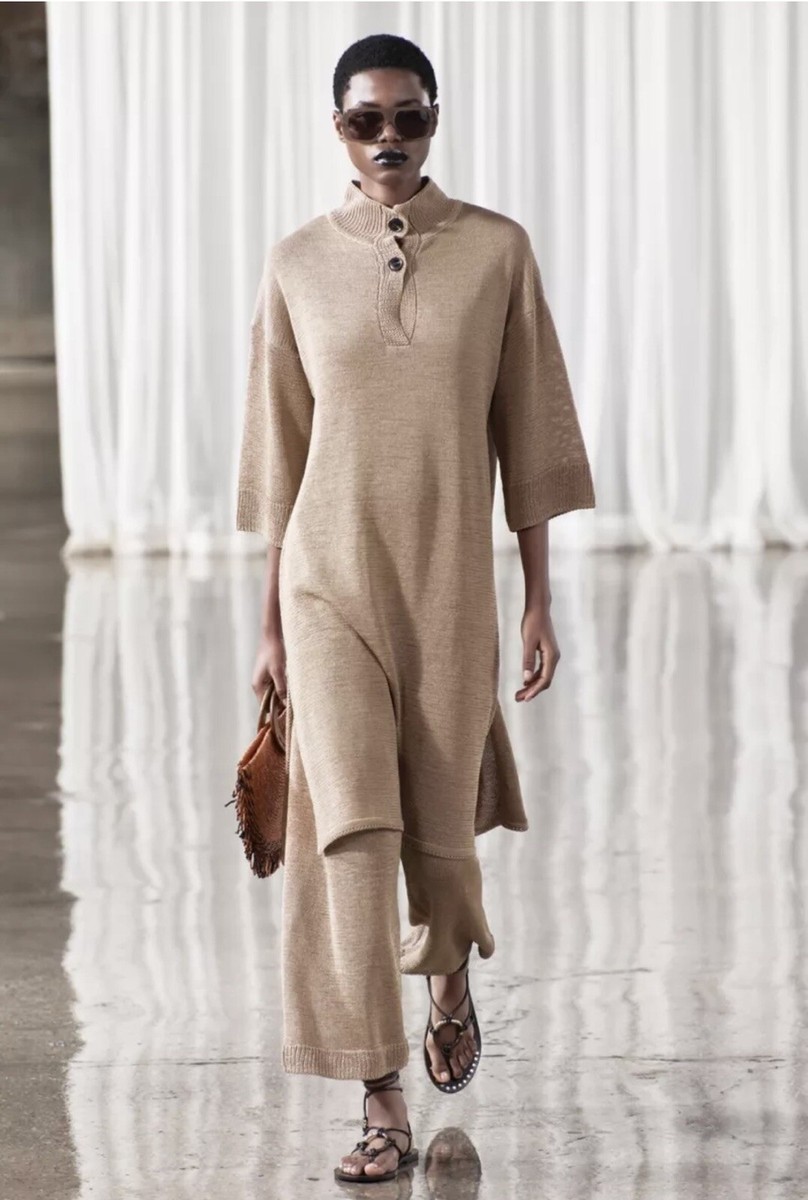 Zara New Knit Sweater Dress Tunic. 3/4 Loose Sleeves. Tan. Midi