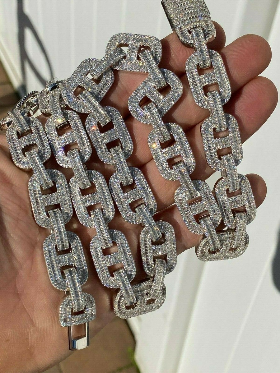 Solid 925 Sterling Silver Baguette Gucci Link Chain Iced 15mm