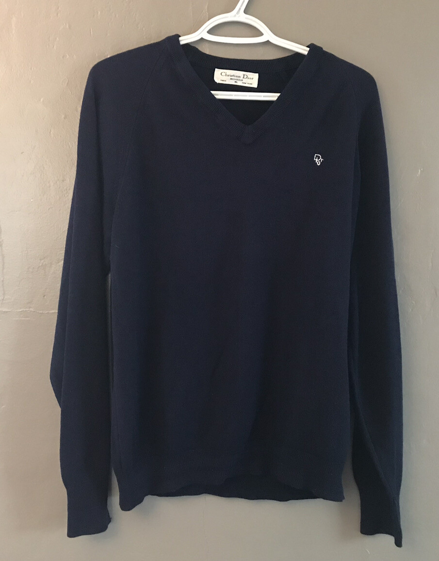 Vtg CHRISTIAN DIOR Monsieur Camel V-Neck Sweater XL NAVY BLUE | eBay