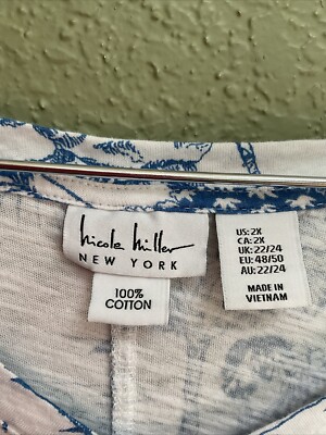 NICOLE MILLER SZ 2X Blue White Floral 100% COTTON V-Neck Hi-Low