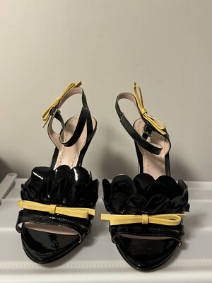 Miu Miu Ruffle Patent Leather Black Strappy Stiletto Sandals High