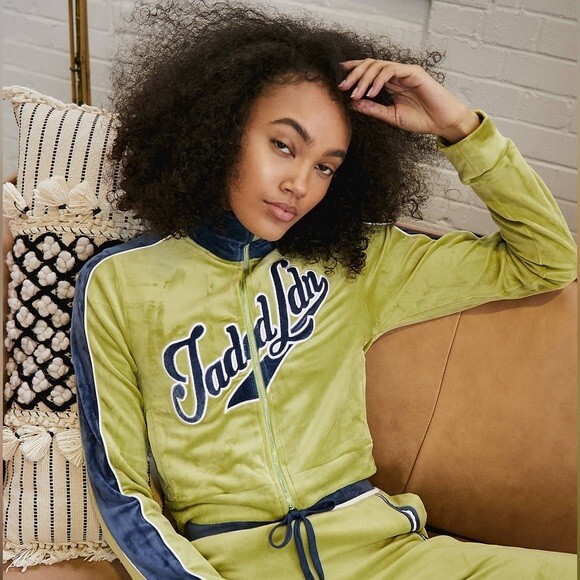Jaded London Green and Blue Zip-Up Velour Jacket Cropped Long