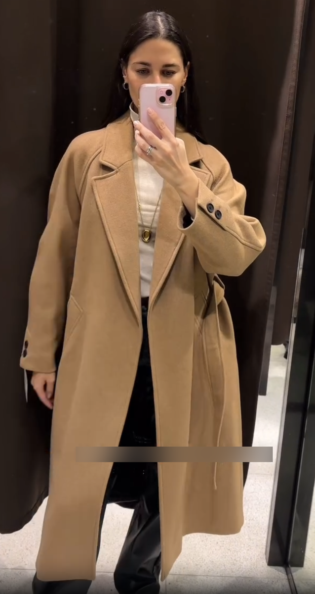 Zara Longline Belted Wool Blend Coat Camel Beige S L Small Large