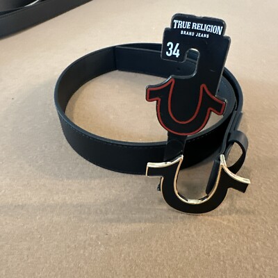 True Religion Mens Belt Size 34 Sage II Enamel Horseshoe Black