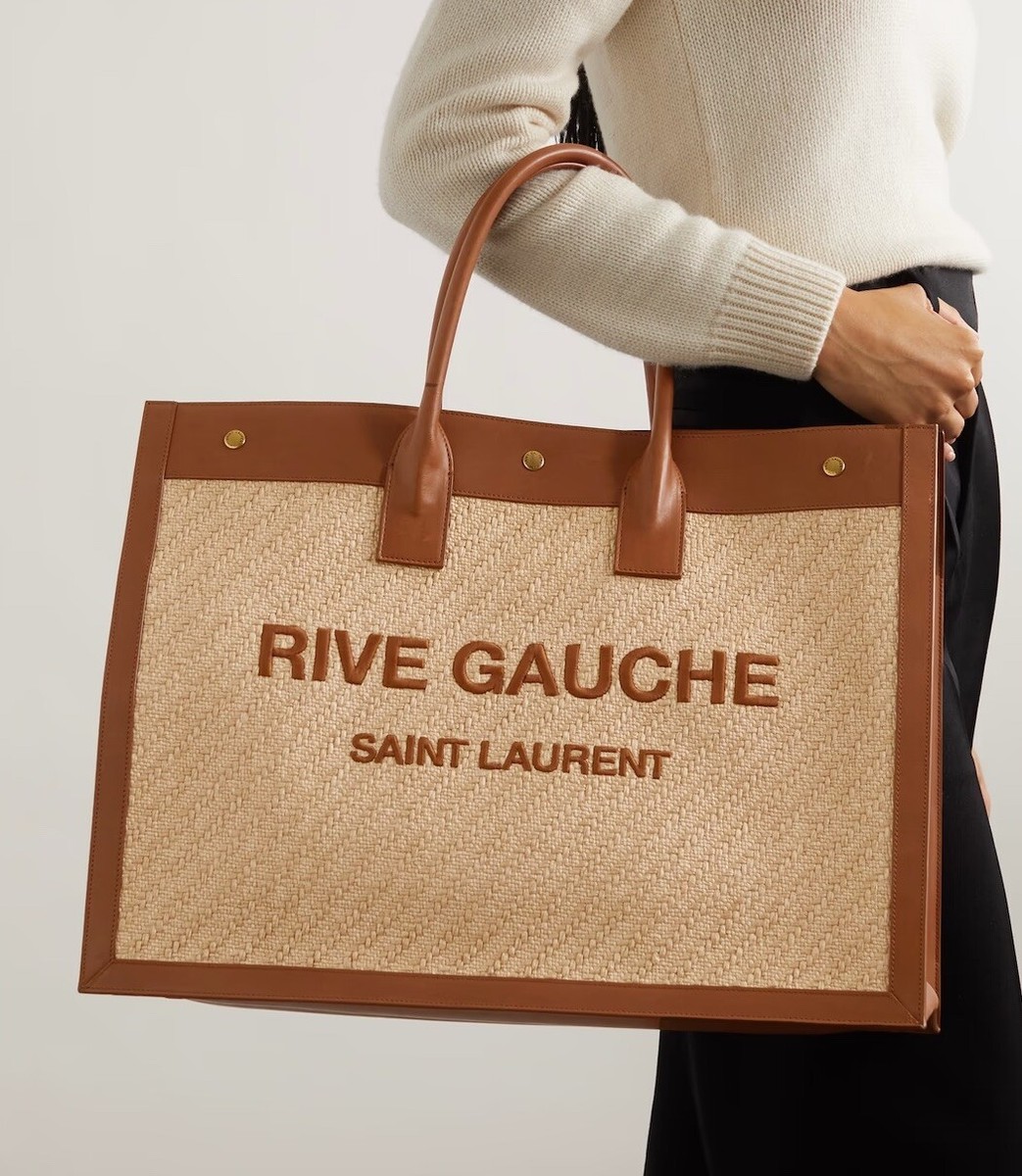 SAINT LAURENT 'Rive Gauche' Embroidered Raffia & Leather Tote Bag