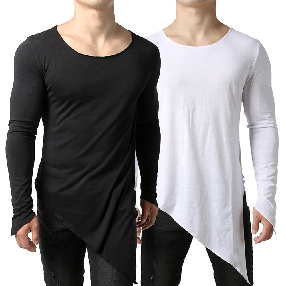 Men Asymmetric Split Hem Longline T-shirt Tops Tee Long Sleeve
