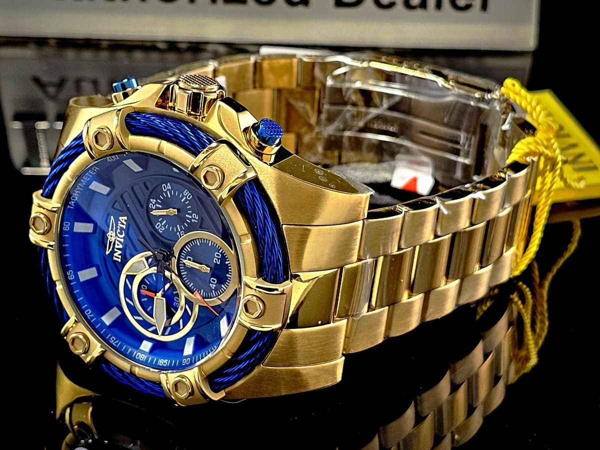 New Invicta Men's BOLT 52mm Chronograph Quartz Gold Blue SS