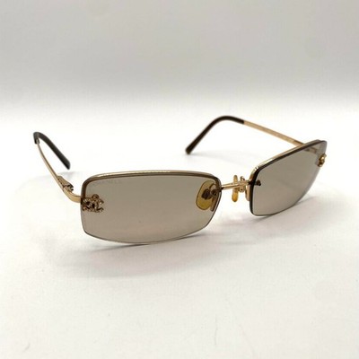 Chanel 4093-B Rimless Sunglasses Gold Frame Brown Lens Crystal