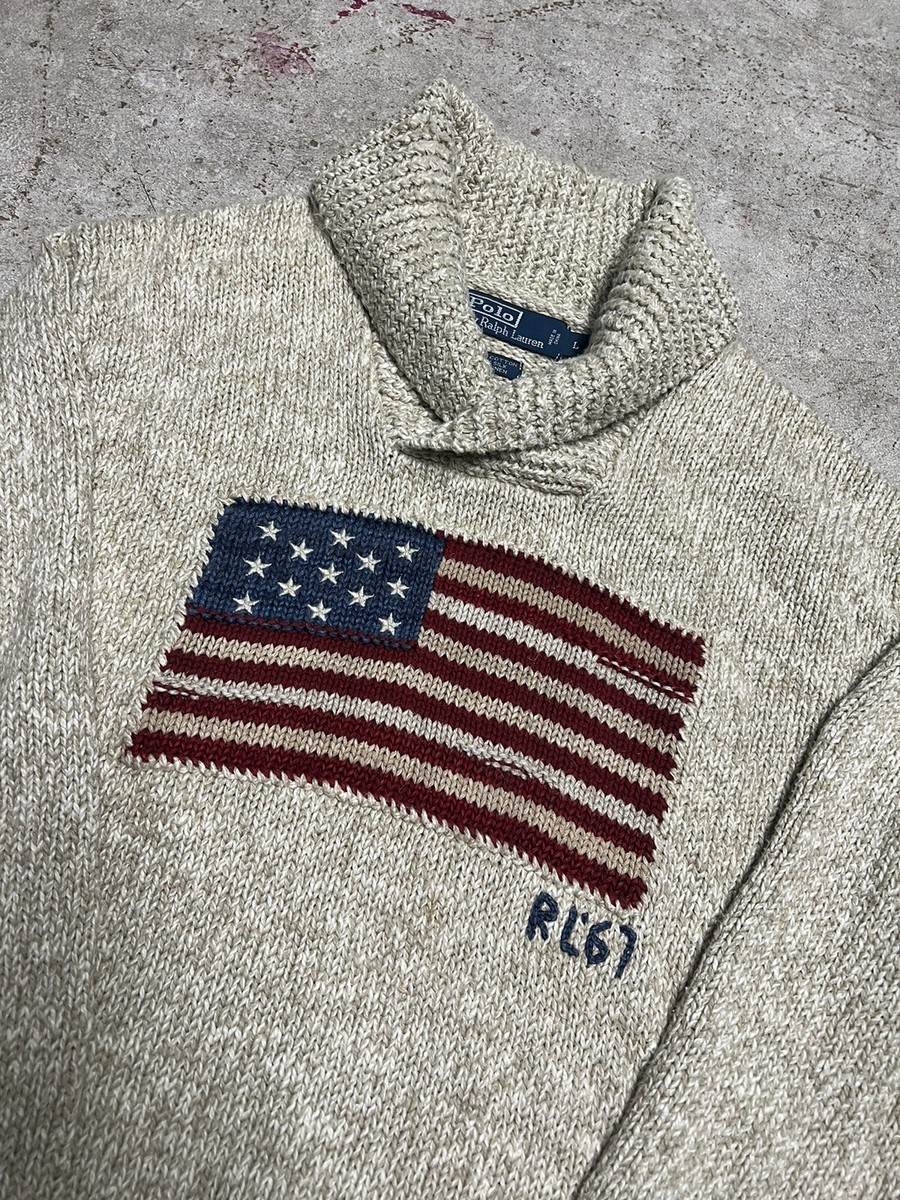 Vintage 90's Polo Ralph Lauren Mens L Beige RL67 USA Flag Shawl