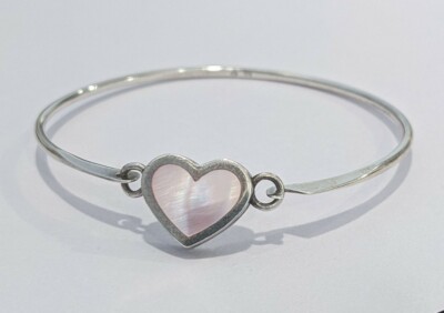 Sterling Silver 925 Designer Mother Of Pearl Inlay Heart Bangle 7