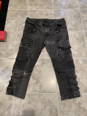 BALMAIN PARIS Moto Biker Zip Jeans Black Stretch Pants Mens Size