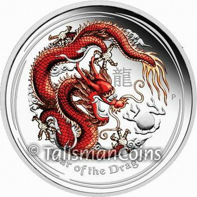 Australia 2012 YEAR OF THE DRAGON $1 Oz Silver Dollar Red Color