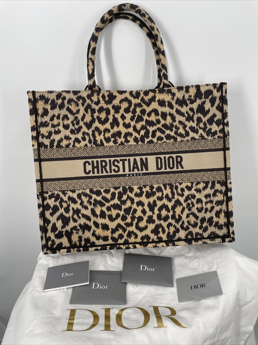 Christian Dior Mizza Book Tote Large Bag Canvas Beige Leopard