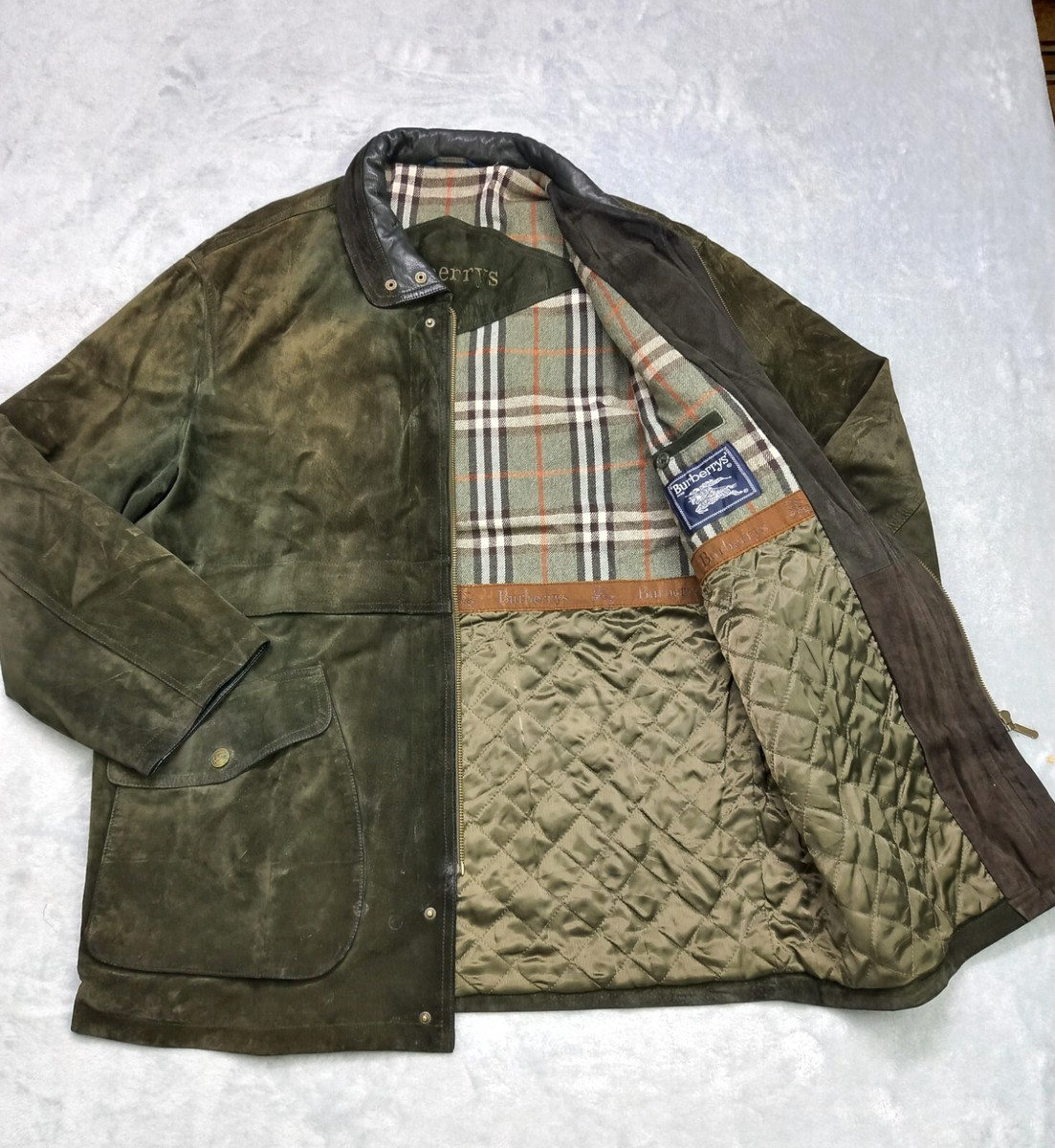Vtg 80s BURBERRYS Green Suede Leather Wool Lined Nova Check Jacket