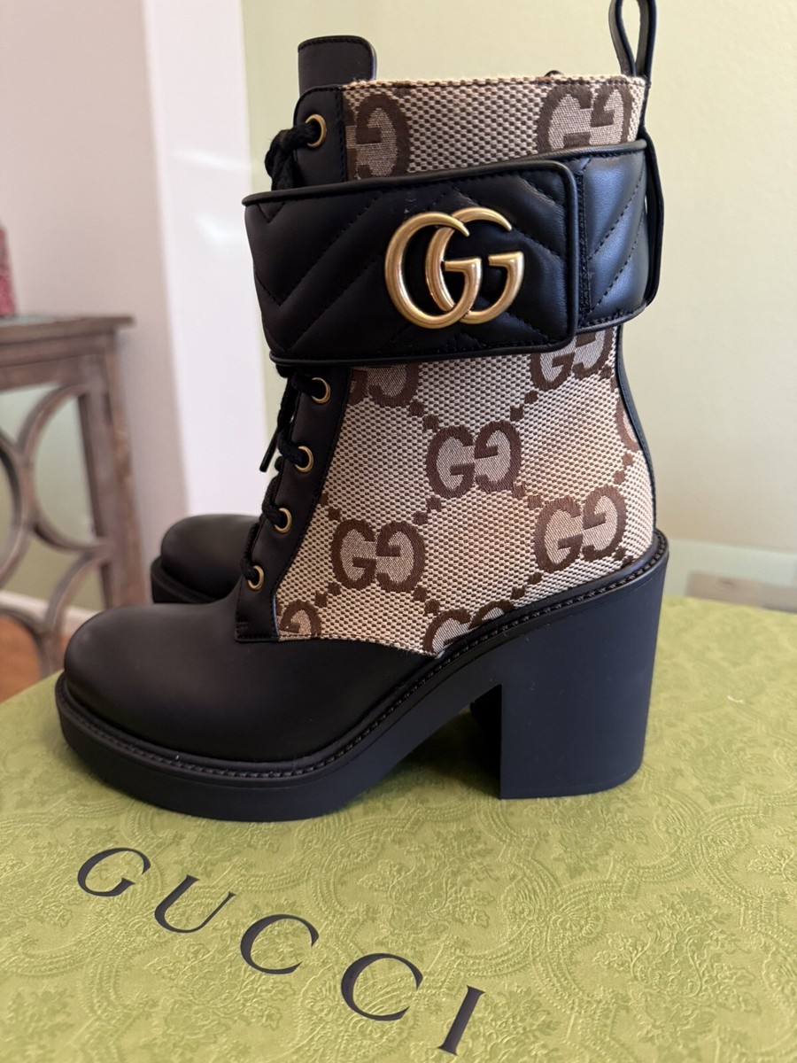 Gucci Women's Beige Ebony Black Jumbo GG Canvas Leather Logo Boots