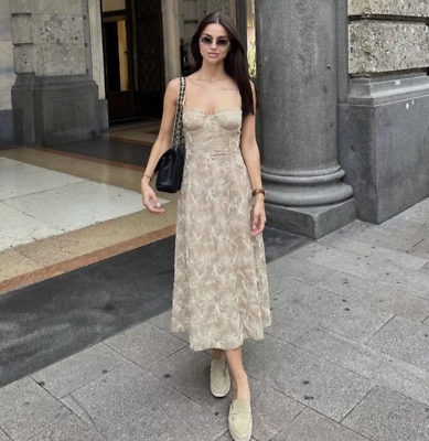 ZARA WOMAN RAISED EMBROIDERED FLORAL MIDI DRESS ECRU BEIGE | 3447