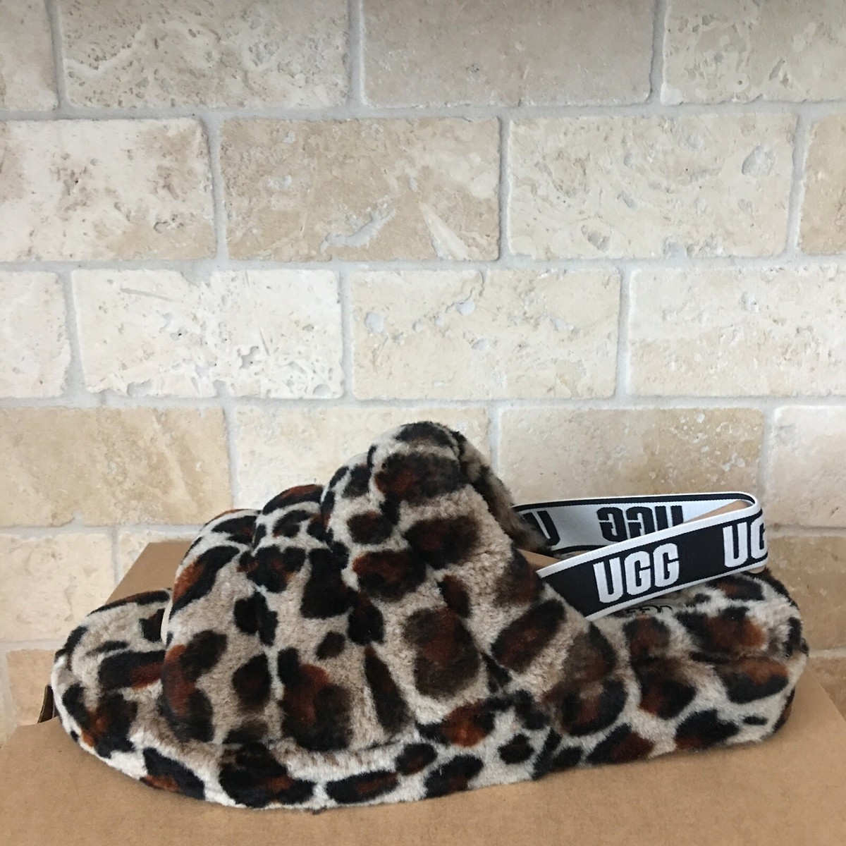 UGG FLUFF YEAH AMPHORA SLIDE LEOPARD SLINGBACK SANDALS SLIPPERS