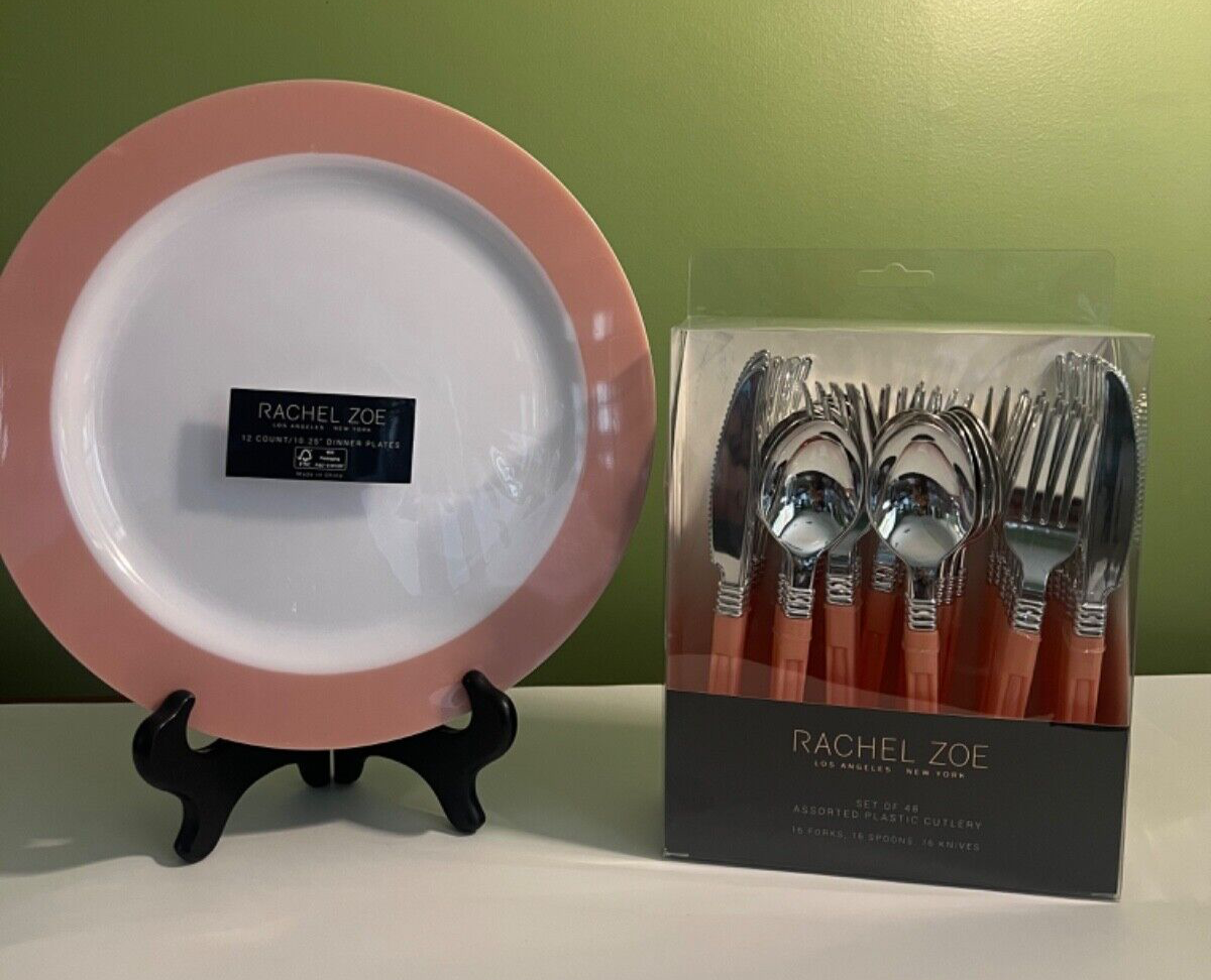 Set of 12 Rachel Zoe Posh Pink Disposable DINNER PLATES & 48