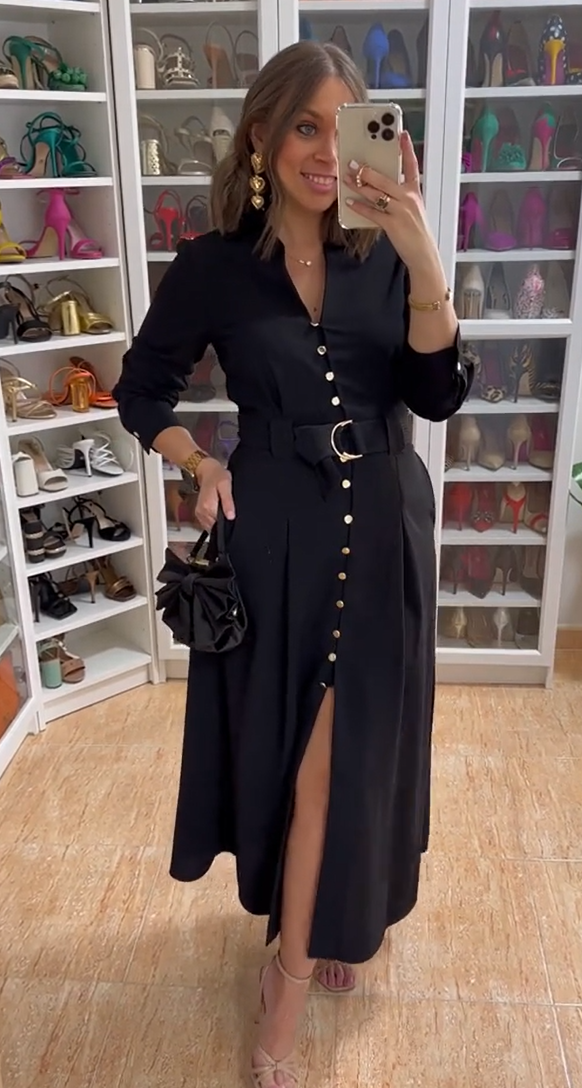 Zara Belted Midi Long Button Shirt Dress Black Size XL Extra Large