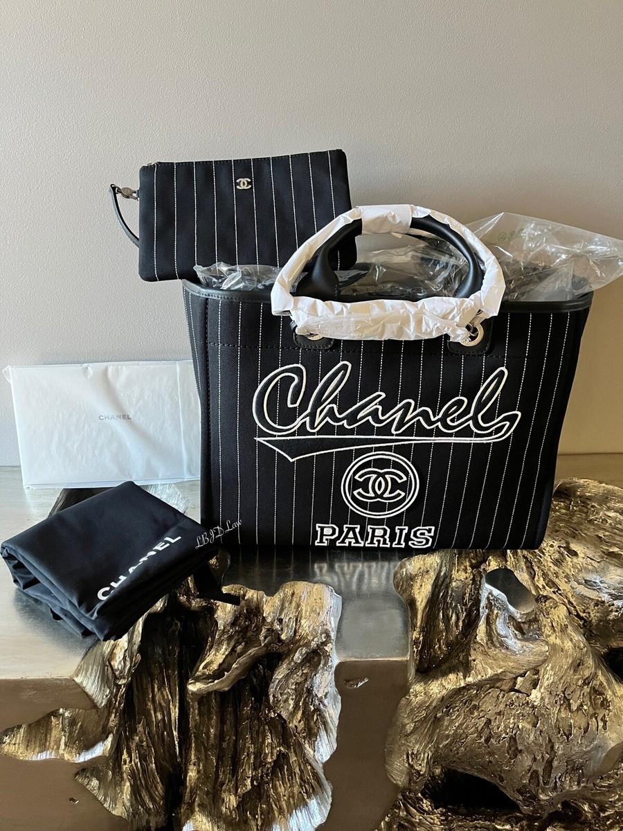 CHANEL Black Large Shopping Bag Tote Deauville Pouch Silver HW 23P