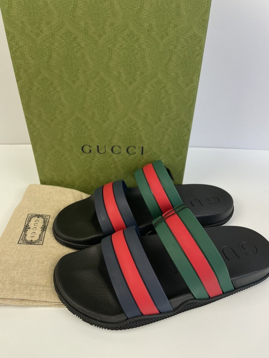 Gucci 692381 Agrado Rubber Double Strap Stripe Slides Sandals Sz G