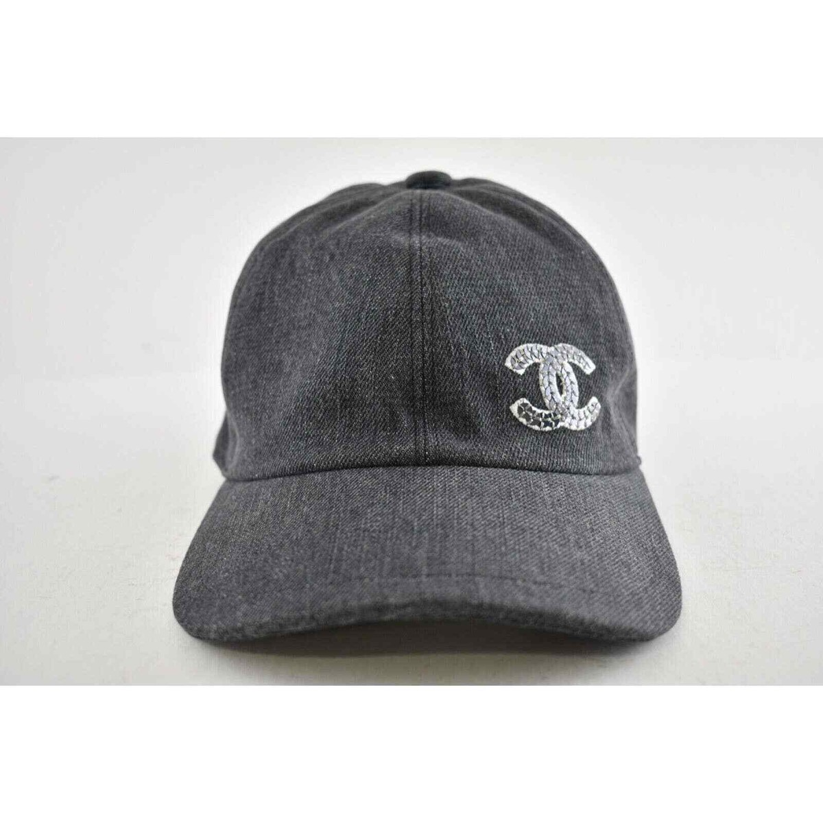 Chanel 22P Black Denim Sequin CC White Logo Baseball Cap Curved