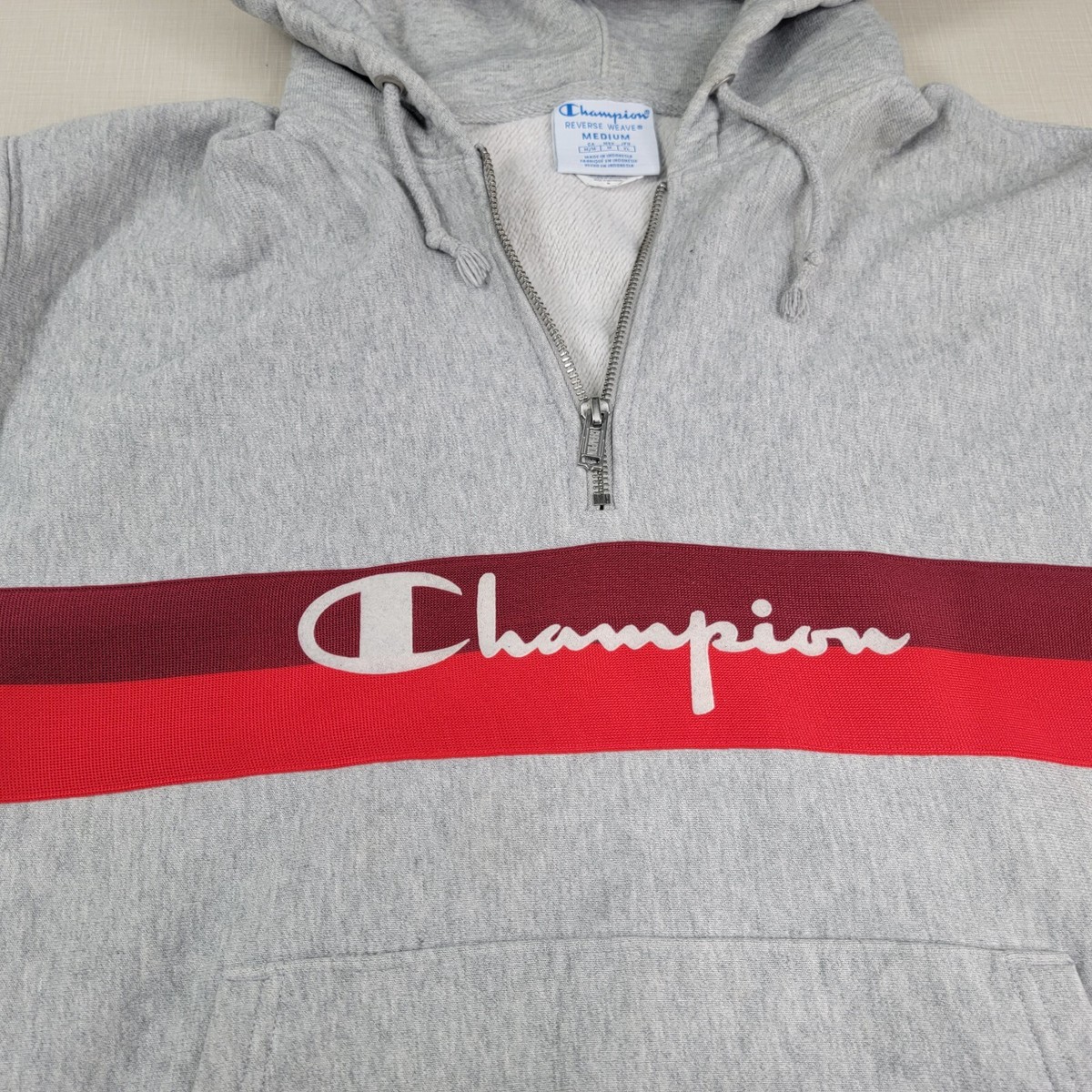 Vintage 90s Champion Reverse Weave Gray w Red Stripe Hoodie 1/4