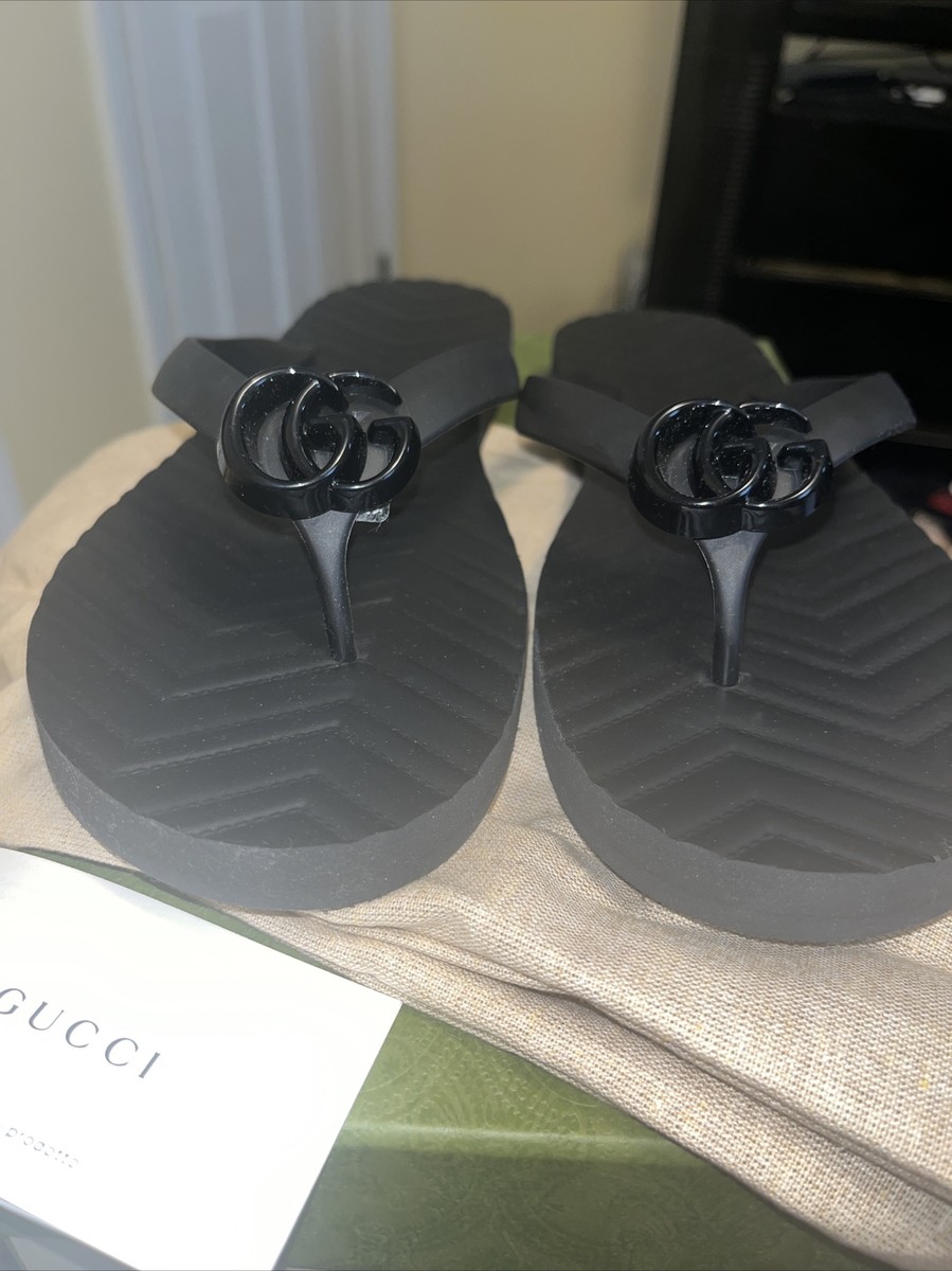 New Gucci GG Black Flip Flop Sandal Size US 13.5 659229 J8710 1000